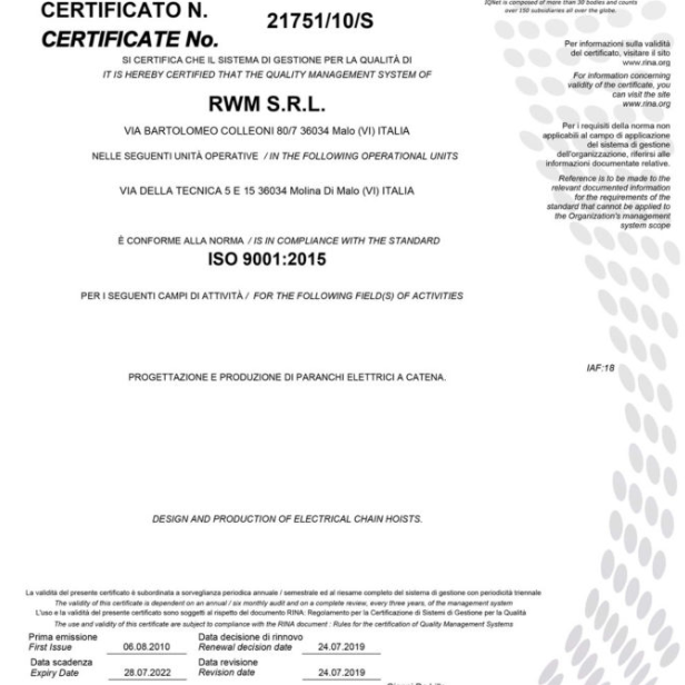 RWM Chain hoist 1 speed with electric trolley 250kg -380V HOISTS