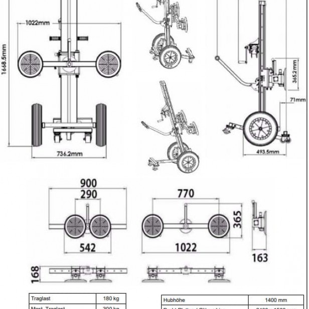 KSF GT 2 glass trolley 180kg 1.4m GT2 glass panel transporter 180 kg KSF GT2 glass lifter trolley with suction cups