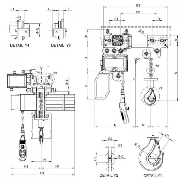Chain hoist lifting capacity low headroom with electric trolley  2000kg 380V HOISTS