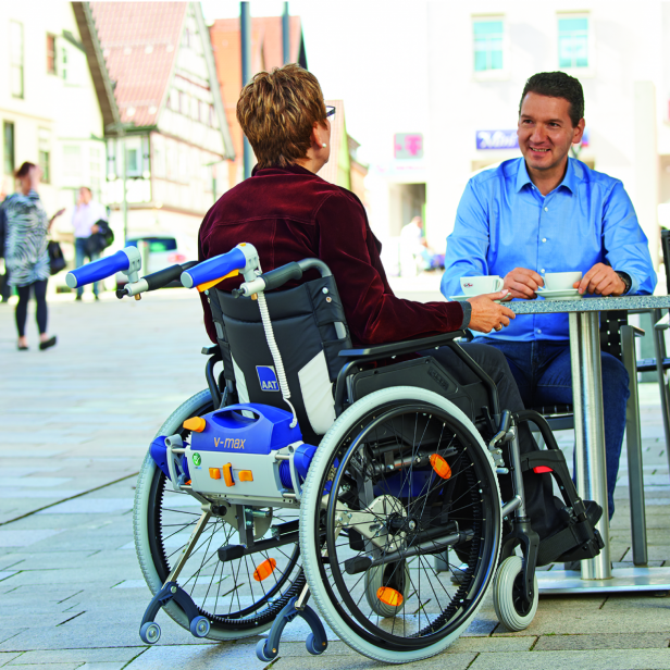 AAT V-MAX Standard electric power assist system for wheelchairs up to 210 kg AAT V-MAX Plus electric system for manual wheelchairs up to 300 kg AAT V-MAX Standard & Plus versions AAT V-MAX for easy and safe wheelchair driving