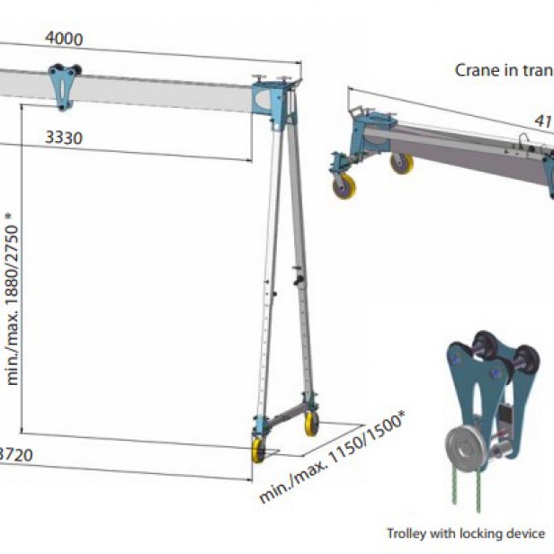 Stationary gantry crane - 1500 kg load capacity, beam length + max height can be selected 