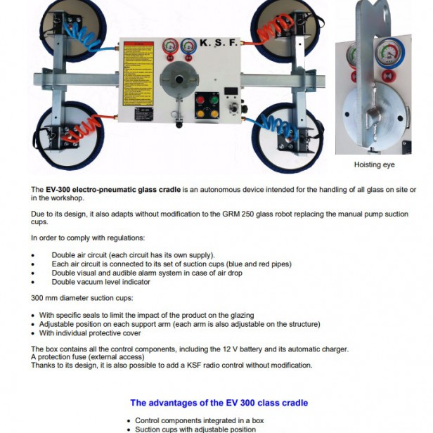 KSF EV‑300 electro‑pneumatic glass cradle 300 kg EV‑300 compatible with GRM 250 Electro‑pneumatic glass lifter 300 kg cradle