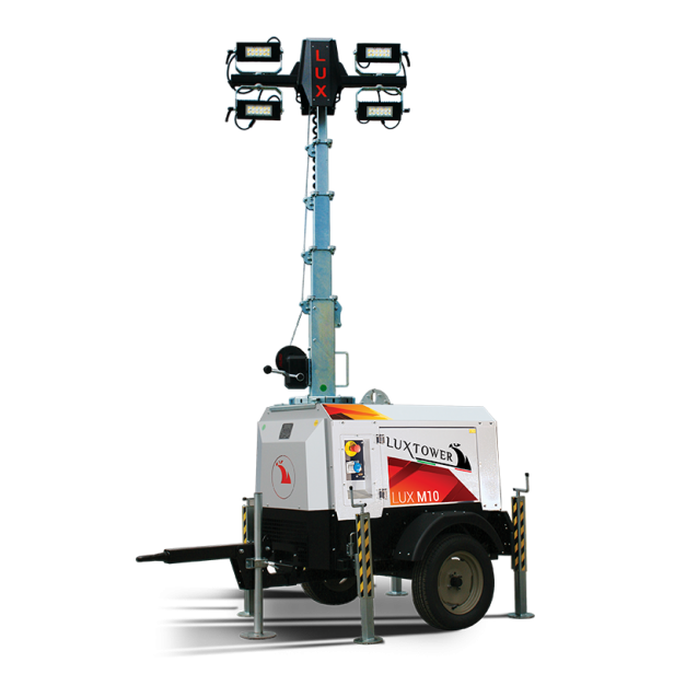 LUX M10 lighting tower LED – up to 4700 m² with generator  LUXTOWER LUX M10 – manual telescopic lighting tower up to 8 m  LUX M10 tower light – 4×160 W LED for industrial use