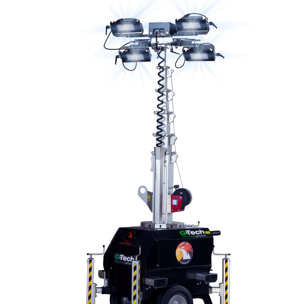 LUX C12 high-power LED lighting tower – coverage up to 4700 m²  LUX C12 with 4×160 W LED and manual lifting up to 7 m  Plug-in lighting tower LUX C12 – no generator  Silent light tower LUX C12 for industrial use