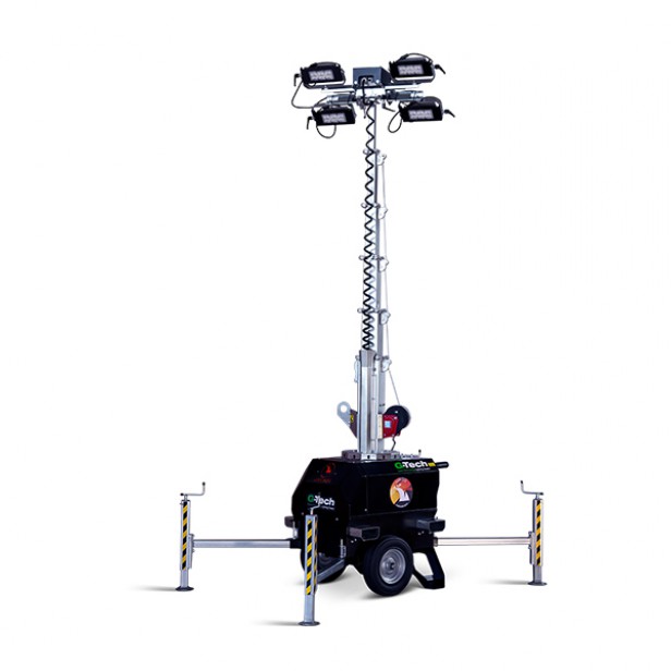 LUX C12 high-power LED lighting tower – coverage up to 4700 m²  LUX C12 with 4×160 W LED and manual lifting up to 7 m  Plug-in lighting tower LUX C12 – no generator  Silent light tower LUX C12 for industrial use