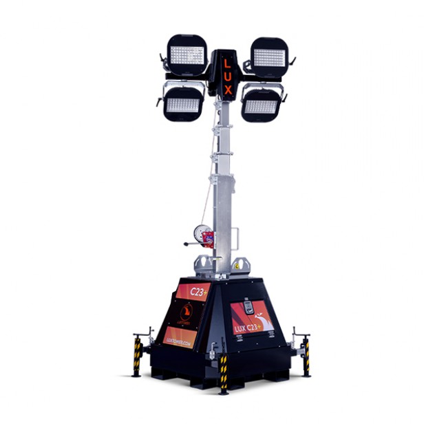 LUX C23 PLUS lighting tower – plug-in power up to 9300 m²  LUXTOWER C23 PLUS with 4x320W LED and 9 m height  Plug-in lighting tower without generator  LUX C23 PLUS – stationary LED tower for large sites