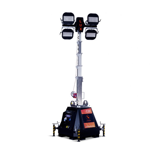 LUX C23 PLUS lighting tower – plug-in power up to 9300 m²  LUXTOWER C23 PLUS with 4x320W LED and 9 m height  Plug-in lighting tower without generator  LUX C23 PLUS – stationary LED tower for large sites