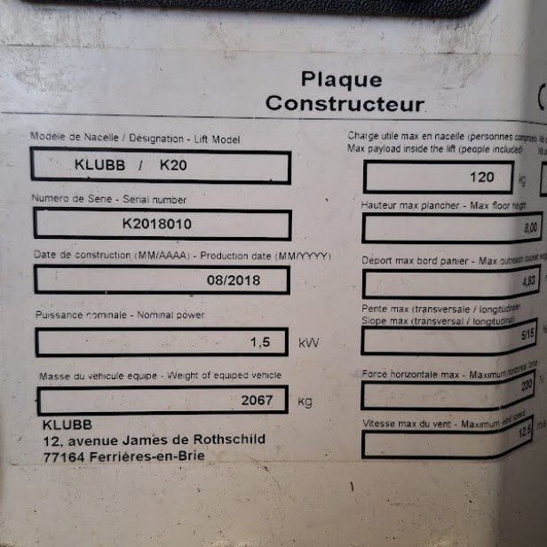 USED  ARTICULATED MOUNTED BOOM LIFT KLUBB TRUCK  120KG 10m (2018)