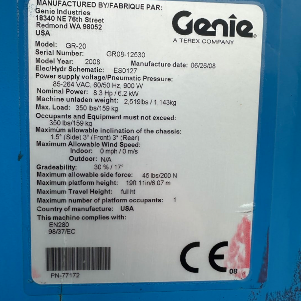 ΜΕΤΑΧΕΙΡΙΣΜΕΝΟ ΑΝYΨΩΤΙΚΟ ΑΤΟΜΩΝ Genie GR-20  ΓΙΑ 8Μ ΥΨΟΣ ΕΡΓΑΣΙΑΣ 