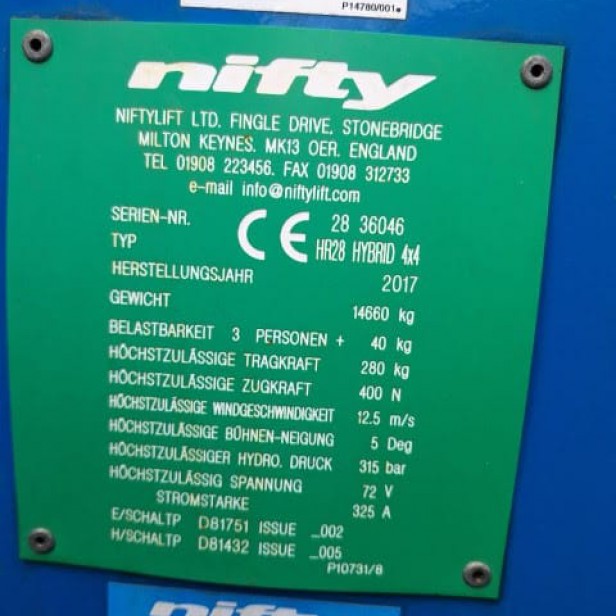  USED ARTICULATED BOOM LIFTS NIFTYLIFT HR28 HYBRID 4X4  (2017) 28M 280kg