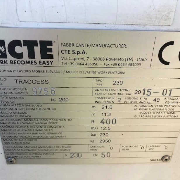 CTE ΜΕΤΑΧΕΙΡΙΣΜΕΝΟ ΑΥΤΟΚΙΝΟΥΜΕΝΟ ΚΑΛΑΘΟΦΟΡΟ ΜΕ ΕΡΠΥΣΤΡΙΕΣ TRACCESS 230 23M 200KG (2015)