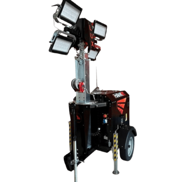 LUX HAWK lighting tower LED – up to 9300 m² with generator  LUXTOWER LUX HAWK – manual telescopic tower up to 8 m  LUX HAWK tower light – 4×320 W LED with 340° rotation  LED lighting tower LUX HAWK – industrial outdoor use with generator