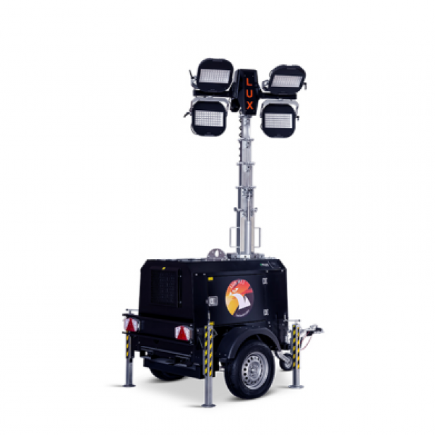 LUX H11 LED lighting tower – coverage up to 4700 m²  LUX H11 tower with 4×320 W LED and hydraulic lifting  Portable lighting tower with generator – LUX H11  LUX H11 tower with foldable tow trailer and 80 lt fuel tank