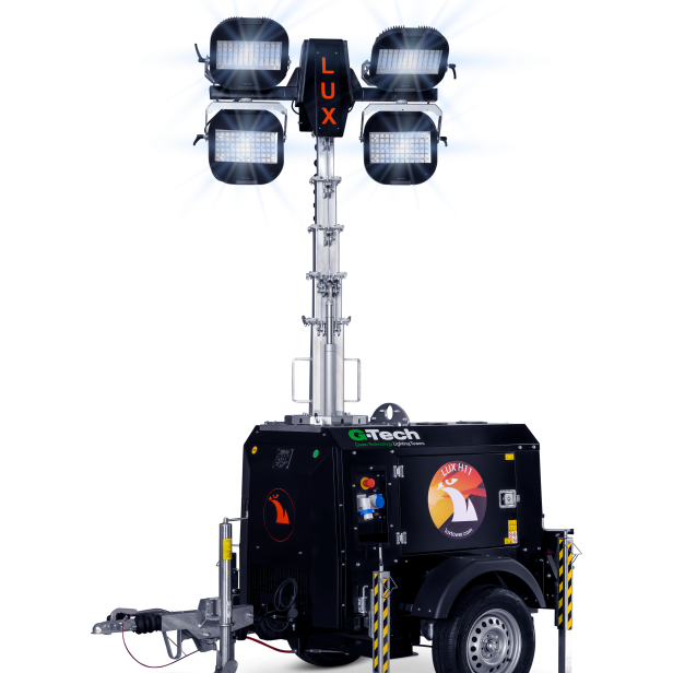 LUX H11 LED lighting tower – coverage up to 4700 m²  LUX H11 tower with 4×320 W LED and hydraulic lifting  Portable lighting tower with generator – LUX H11  LUX H11 tower with foldable tow trailer and 80 lt fuel tank