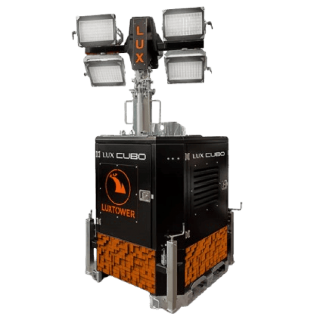 LLUX CUBO 2 LED lighting tower – coverage up to 9300m² LUX CUBO lighting tower with 4×320W LED CUBO with trailerable taxation and hydraulic lifting LUX CUBO tower – industrial use and foldable tow trailer