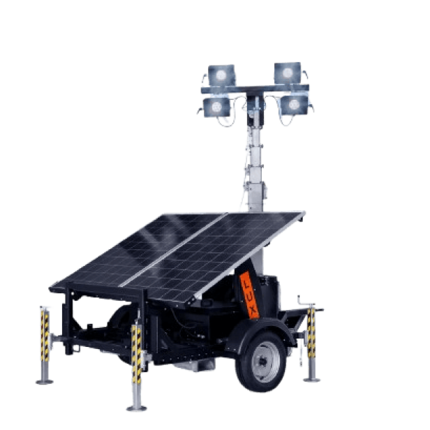 - LUXTOWER LUX SOLAR PLUS light tower with 4×65W LED floodlights - Solar‑powered LUX SOLAR PLUS light tower with battery - 3000 m² coverage LUX SOLAR PLUS tower with no external power supply