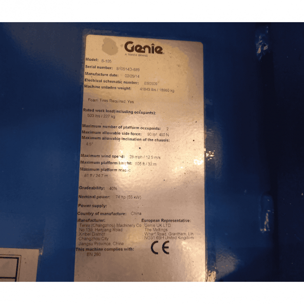 Telescopic boom lift Genie S-105 (MOD 2014), Genie S-105 diesel self-propelled boom lift 34m, Genie S-105 aerial work platform, Genie S-105 professional telescopic boom lift, available for rental