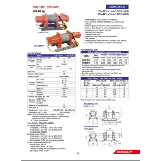 COME UP CWG-30151 | Three-phase wire rope hoist | 500 kg COME UP CWG-30151 | Three-phase wire rope hoist | 500 kg - Kapountalis