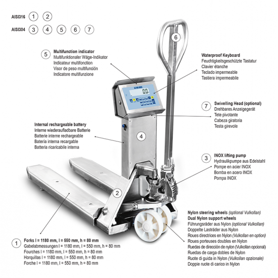 DINI ARGEO SAINLESS STEEL HAND PALLET TRUCK WITH SCALE TPWI PRO SERIES -2000KG DINI ARGEO SAINLESS STEEL HAND PALLET TRUCK WITH SCALE TPWI PRO SERIES -2000KG - Kapountalis