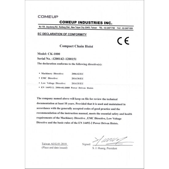 COME UP CK-1000 | Single Phase Chain Hoist | 1000 kg COME UP CK-1000 | Single Phase Chain Hoist | 1000 kg - Kapountalis