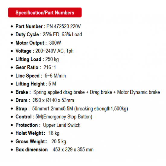 COME UP CSH-250 | Electric strap hoist | 250 kg - Kapountalis