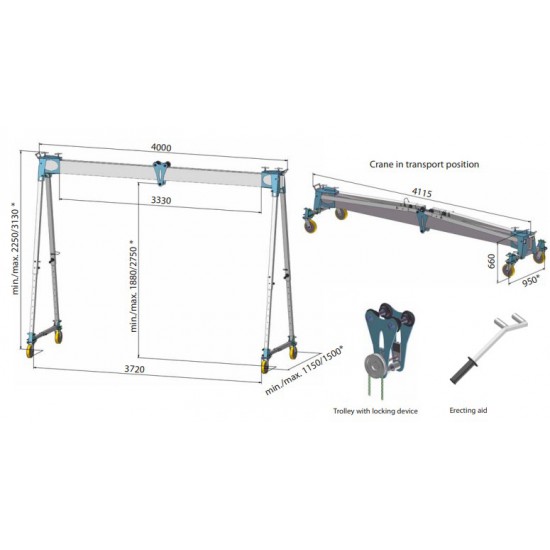 MOBILE ALUMINIUM crane AKF-HV - 1500 kg load capacity, 3330 mm clear width MOBILE ALUMINIUM crane AKF-HV - 1500 kg load capacity, 3330 mm clear width - Kapountalis