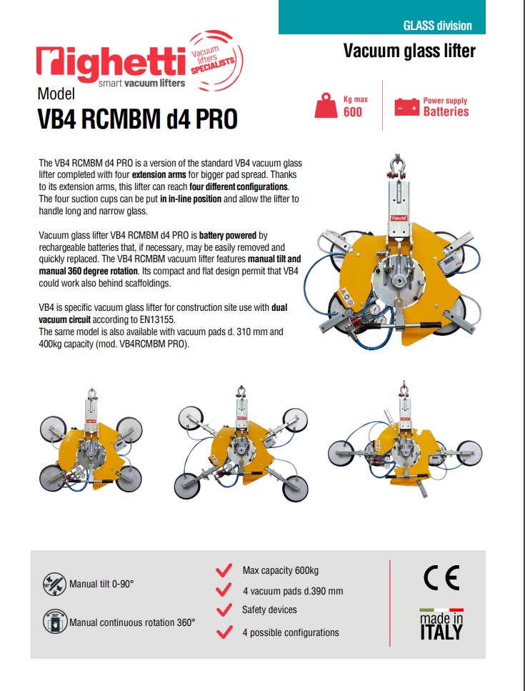 VB4 RCMBM d4 PRO 600 kg RIGHETTI VACUUM GLASS LIFTER